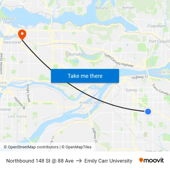 Northbound 148 St @ 88 Ave to Emily Carr University map