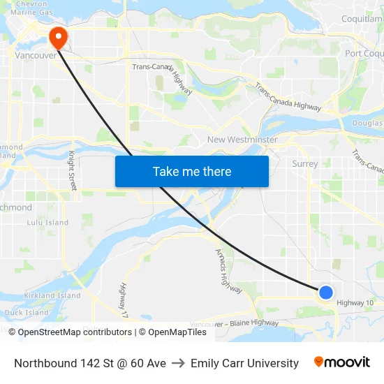 Northbound 142 St @ 60 Ave to Emily Carr University map