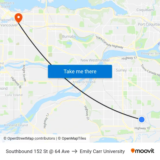 Southbound 152 St @ 64 Ave to Emily Carr University map