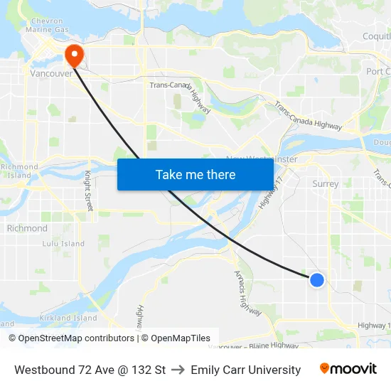 Westbound 72 Ave @ 132 St to Emily Carr University map