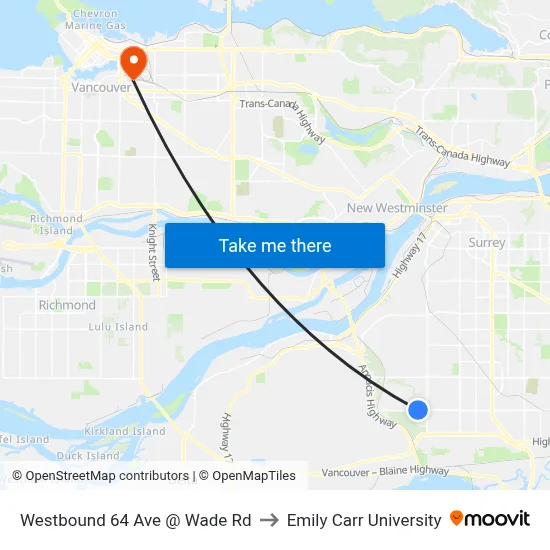Westbound 64 Ave @ Wade Rd to Emily Carr University map