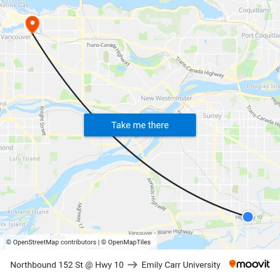 Northbound 152 St @ Hwy 10 to Emily Carr University map