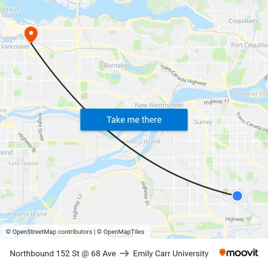 Northbound 152 St @ 68 Ave to Emily Carr University map