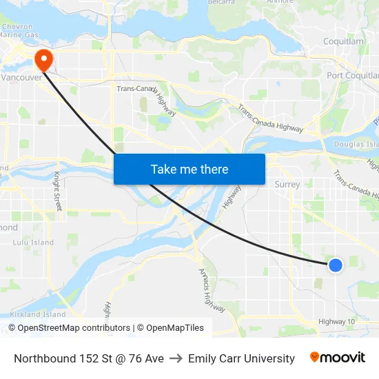 Northbound 152 St @ 76 Ave to Emily Carr University map
