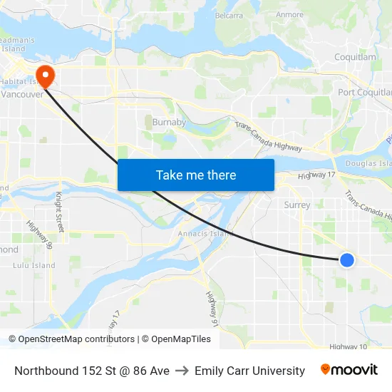 Northbound 152 St @ 86 Ave to Emily Carr University map