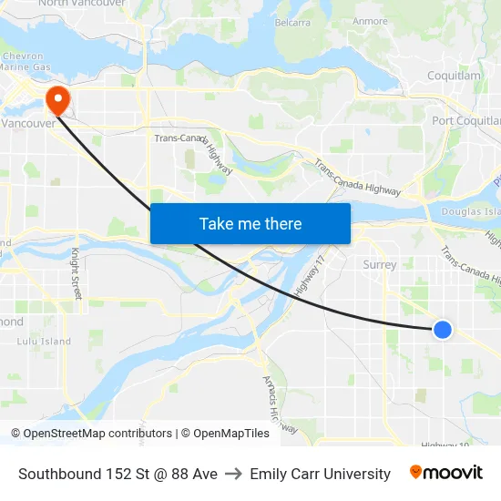 Southbound 152 St @ 88 Ave to Emily Carr University map
