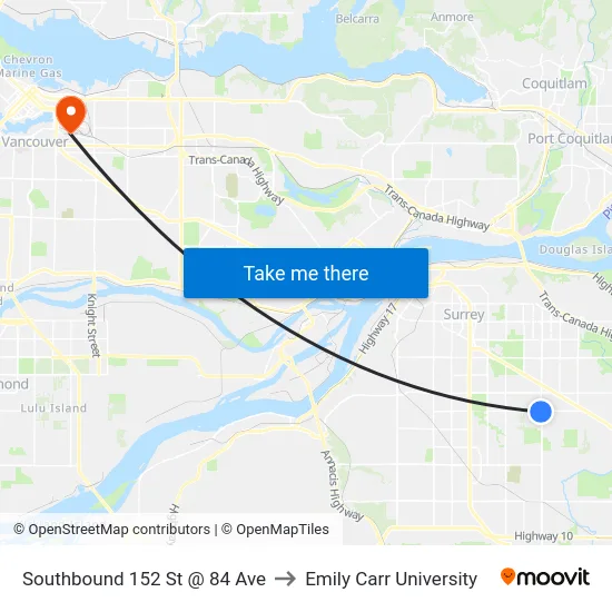 Southbound 152 St @ 84 Ave to Emily Carr University map