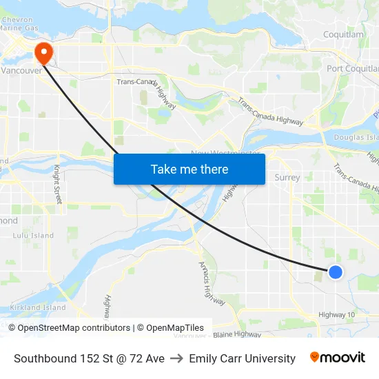 Southbound 152 St @ 72 Ave to Emily Carr University map