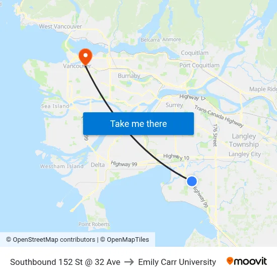 Southbound 152 St @ 32 Ave to Emily Carr University map