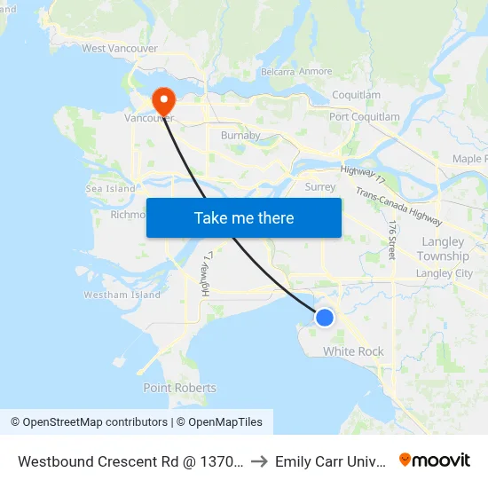 Westbound Crescent Rd @ 13700 Block to Emily Carr University map