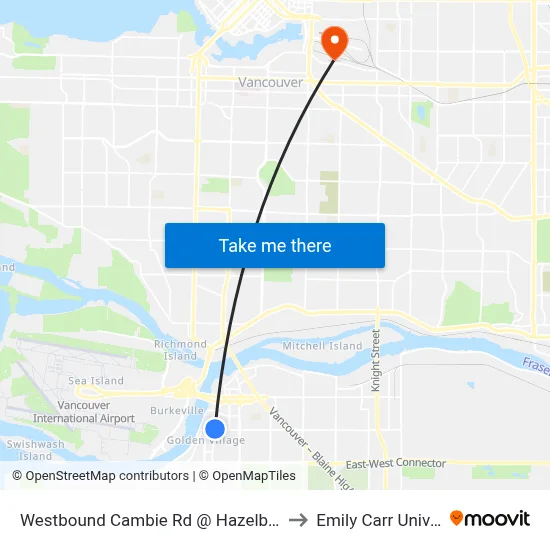 Westbound Cambie Rd @ Hazelbridge Way to Emily Carr University map