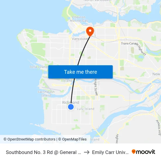 Southbound No. 3 Rd @ General Currie Rd to Emily Carr University map