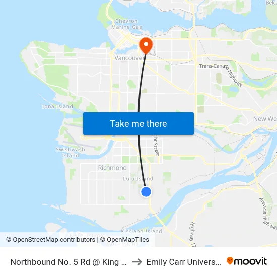 Northbound No. 5 Rd @ King Rd to Emily Carr University map