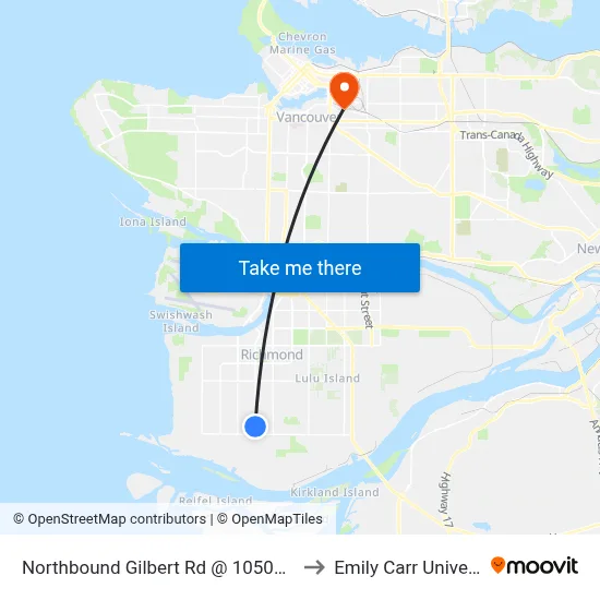 Northbound Gilbert Rd @ 10500 Block to Emily Carr University map