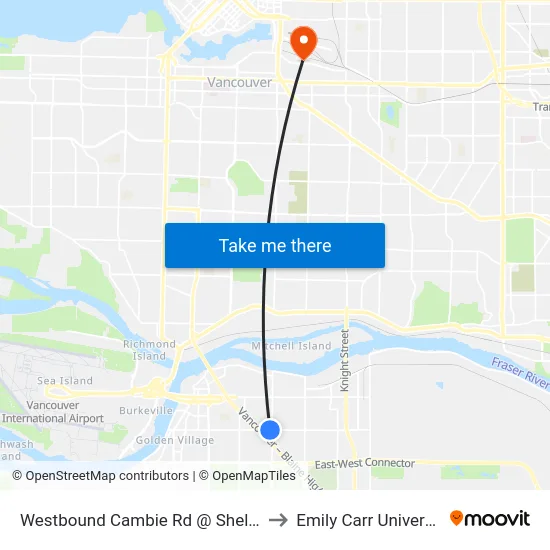 Westbound Cambie Rd @ Shell Rd to Emily Carr University map