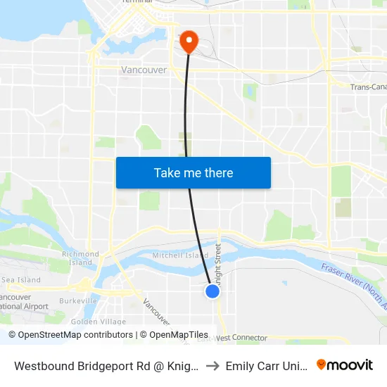 Westbound Bridgeport Rd @ Knight St Bridge to Emily Carr University map