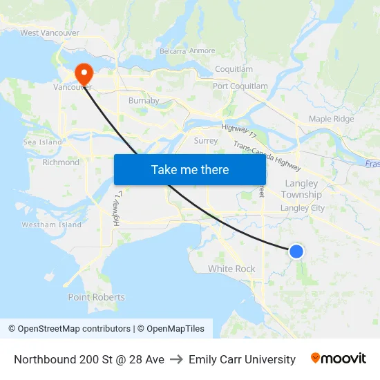 Northbound 200 St @ 28 Ave to Emily Carr University map