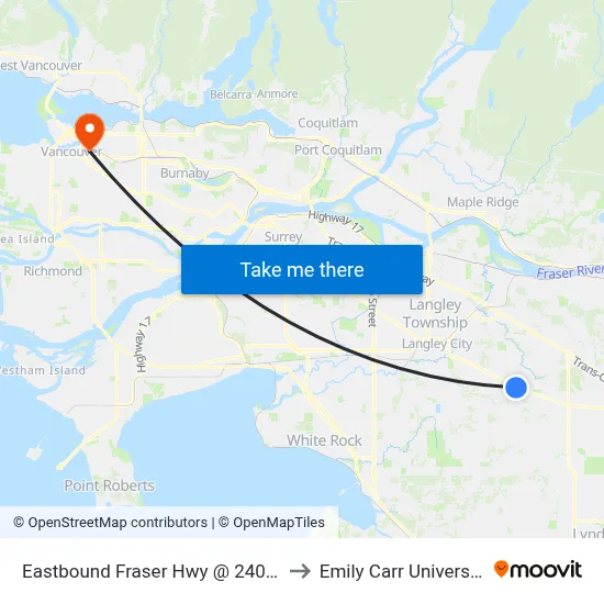 Eastbound Fraser Hwy @ 240 St to Emily Carr University map