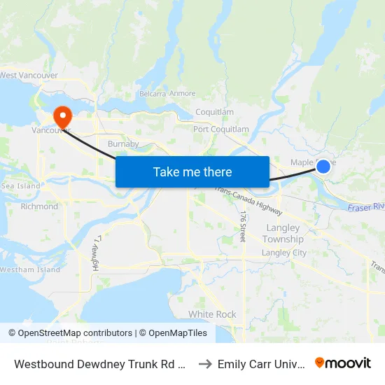 Westbound Dewdney Trunk Rd @ 232 St to Emily Carr University map