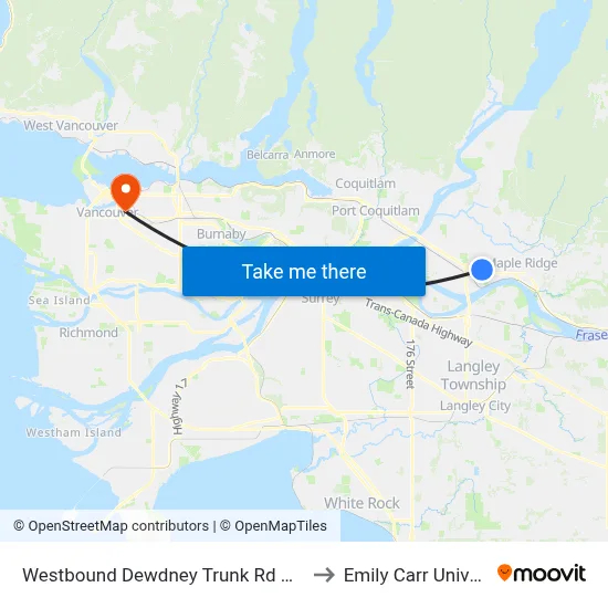 Westbound Dewdney Trunk Rd @ 207 St to Emily Carr University map