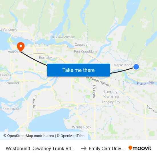 Westbound Dewdney Trunk Rd @ 248 St to Emily Carr University map