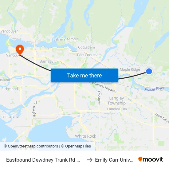 Eastbound Dewdney Trunk Rd @ 256 St to Emily Carr University map