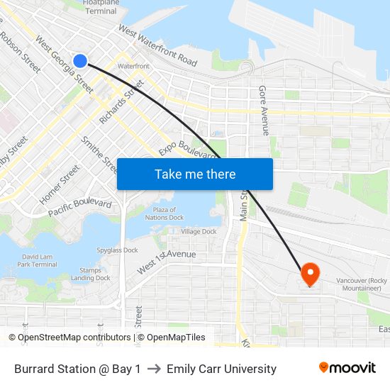 Burrard Station @ Bay 1 to Emily Carr University map