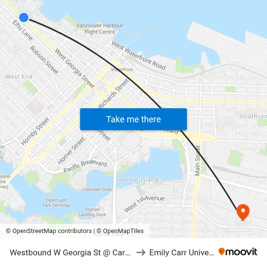 Westbound W Georgia St @ Cardero St to Emily Carr University map