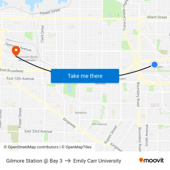Gilmore Station @ Bay 3 to Emily Carr University map