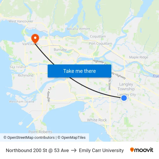 Northbound 200 St @ 53 Ave to Emily Carr University map