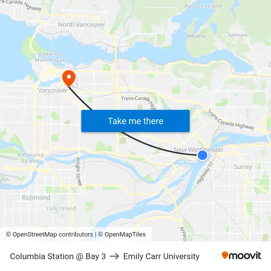 Columbia Station @ Bay 3 to Emily Carr University map