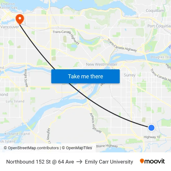 Northbound 152 St @ 64 Ave to Emily Carr University map