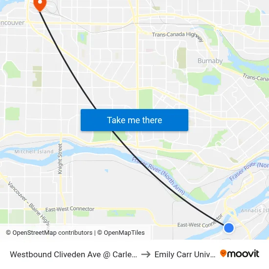 Westbound Cliveden Ave @ Carleton Court to Emily Carr University map
