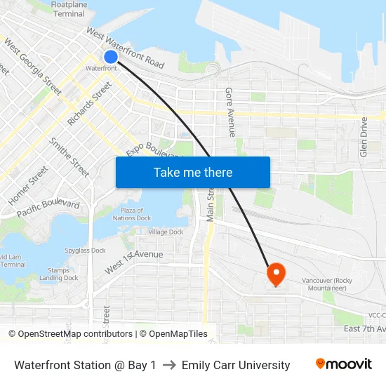 Waterfront Station @ Bay 1 to Emily Carr University map