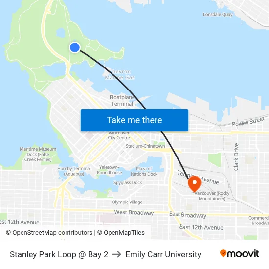Stanley Park Loop @ Bay 2 to Emily Carr University map