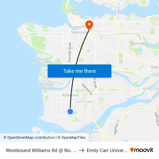 Westbound Williams Rd @ No. 3 Rd to Emily Carr University map