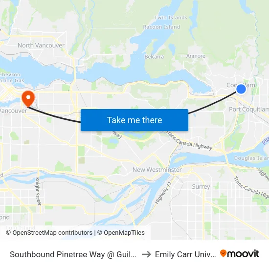 Southbound Pinetree Way @ Guildford Way to Emily Carr University map