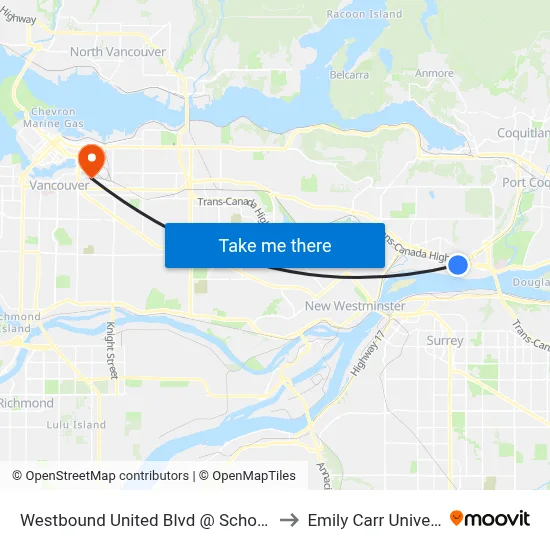 Westbound United Blvd @ Schooner St to Emily Carr University map