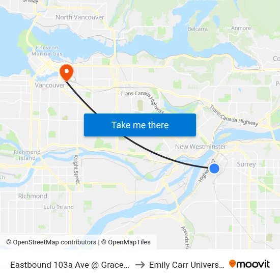 Eastbound 103a Ave @ Grace Rd to Emily Carr University map
