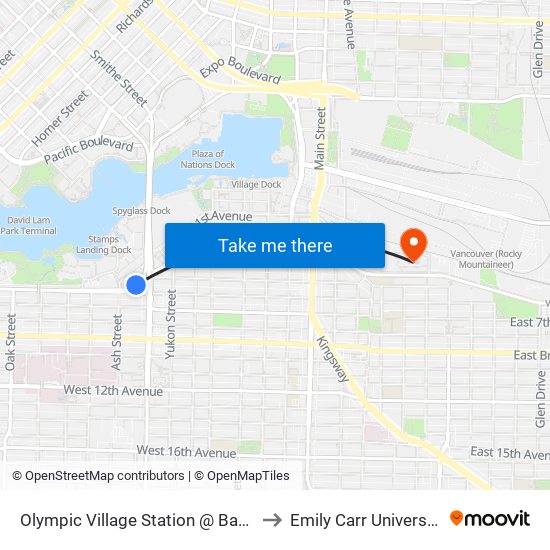 Olympic Village Station @ Bay 1 to Emily Carr University map