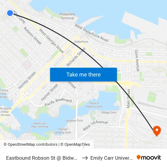 Eastbound Robson St @ Bidwell St to Emily Carr University map