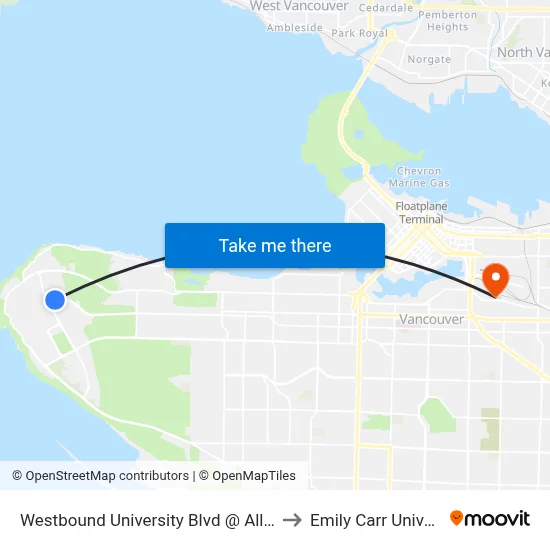 Westbound University Blvd @ Allison Rd to Emily Carr University map