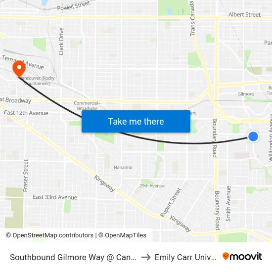 Southbound Gilmore Way @ Canada Way to Emily Carr University map