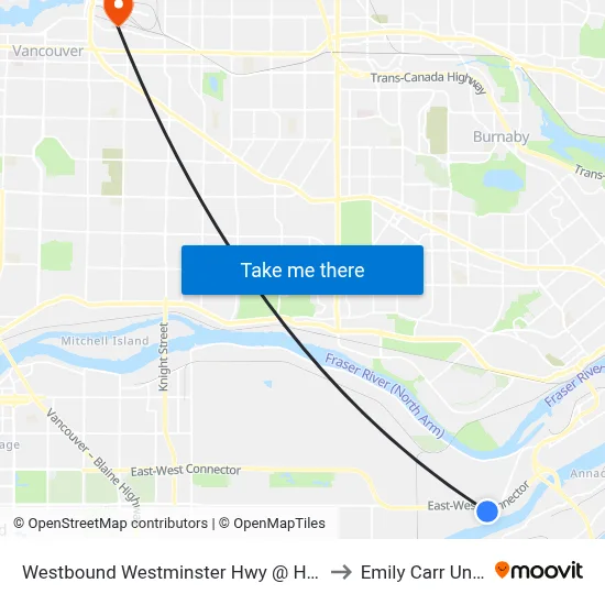 Westbound Westminster Hwy @ Hwy 91 Offramp to Emily Carr University map