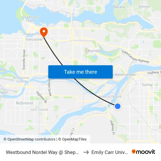 Westbound Nordel Way @ Shepherd Way to Emily Carr University map