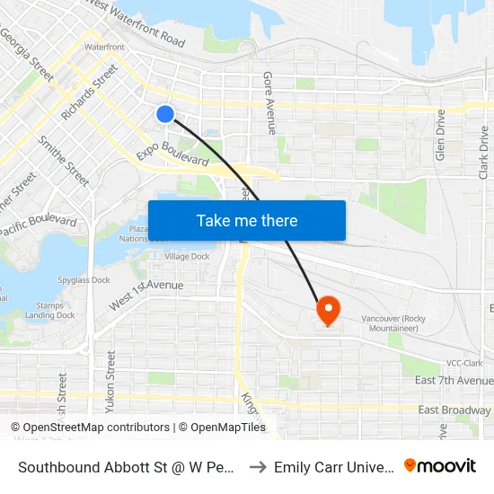 Southbound Abbott St @ W Pender St to Emily Carr University map
