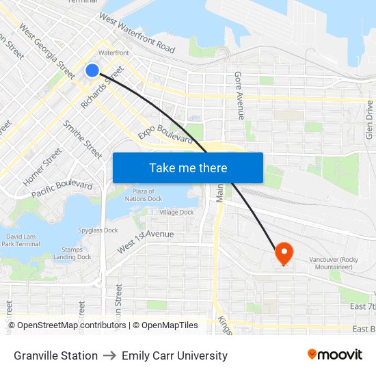 Granville Station to Emily Carr University map