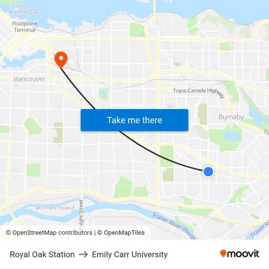 Royal Oak Station to Emily Carr University map