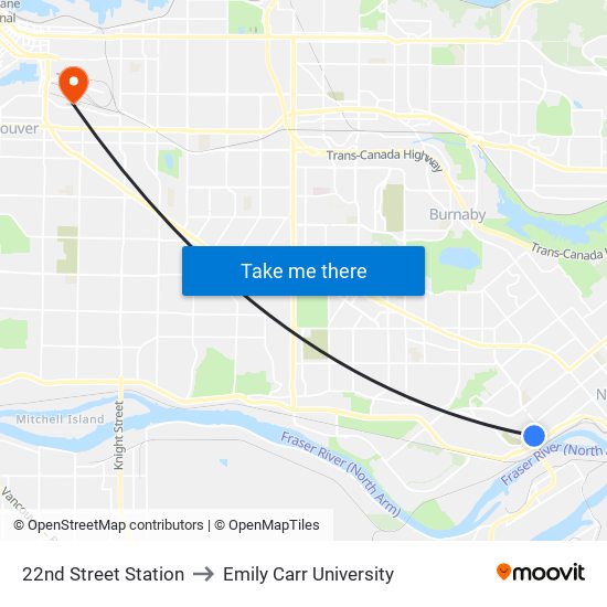 22nd Street Station to Emily Carr University map