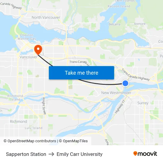 Sapperton Station to Emily Carr University map